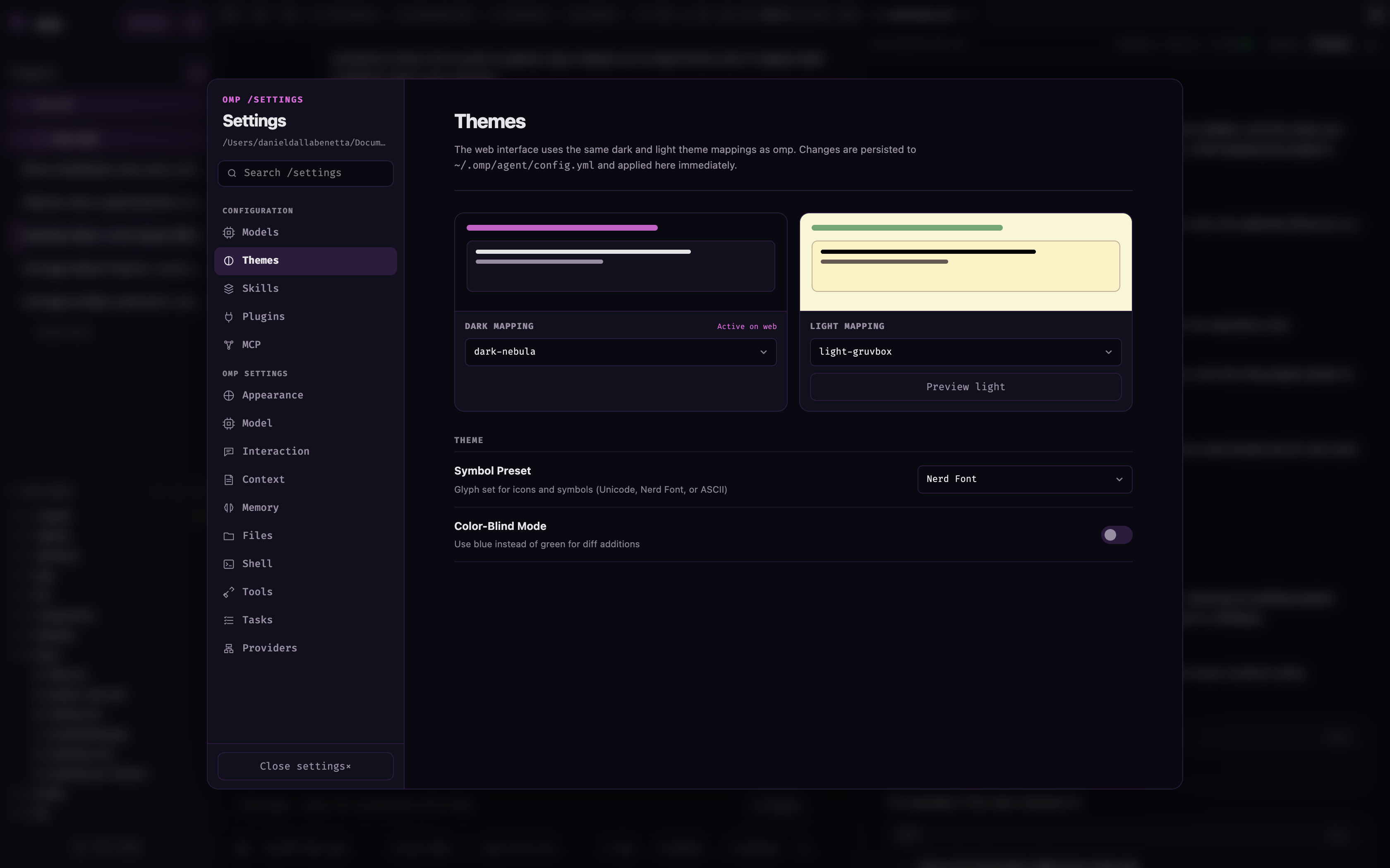 Theme settings showing omp's dark and light palette mapping