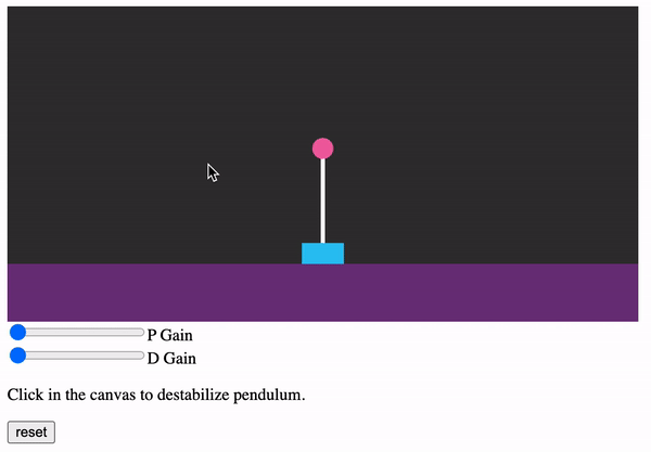 Animation showing cart balancing pole and adjusting sliders for gain