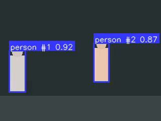 Two synthetic people moving across a slate background, each tracked with a coloured bounding box and a person #N 0.XX label