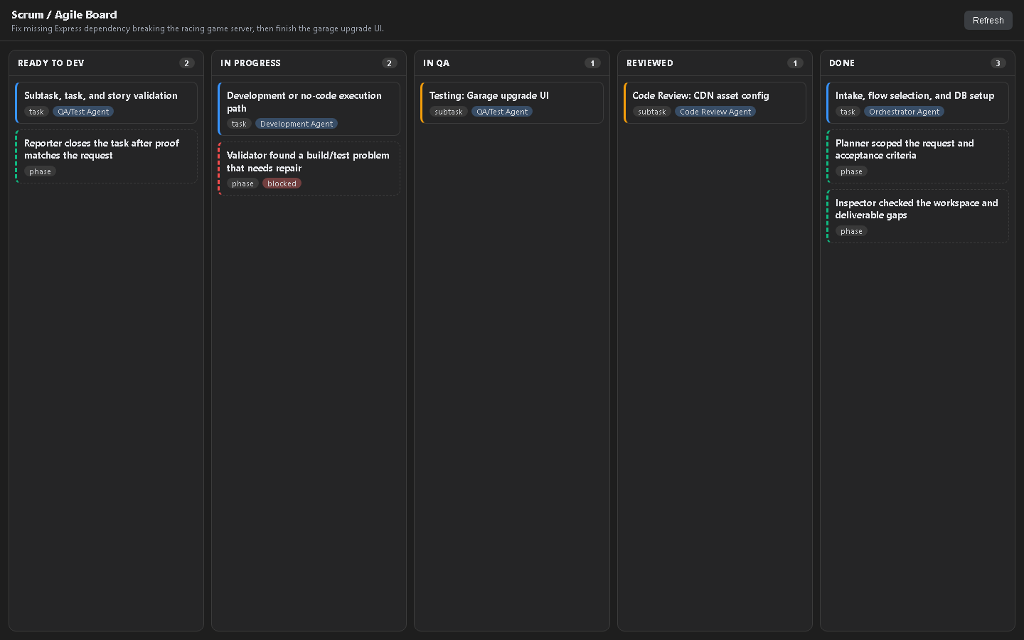 Real Memory AI Agent Scrum/Agile board