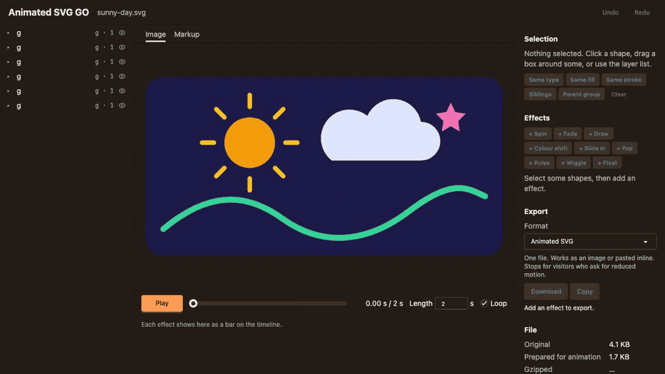 Adding Spin to the sun's rays, Pulse to a star, Float to a cloud and Draw to a hill, then playing the animation