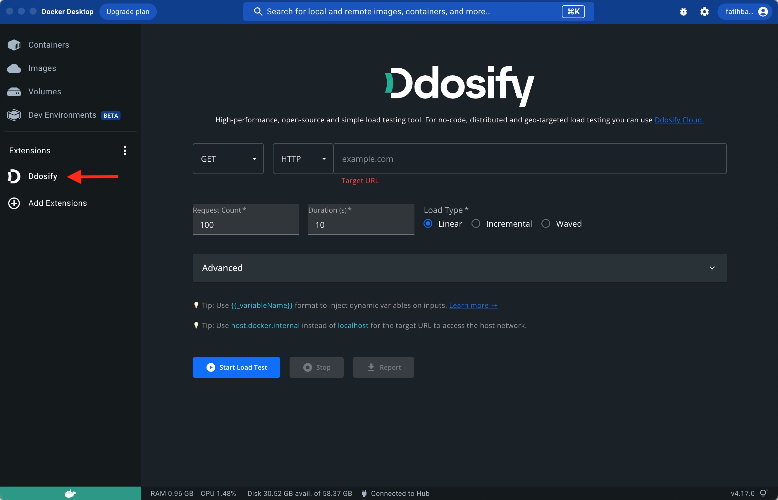 Ddosify Docker Extension - High-performance, simple-to-use load testing tool quick start