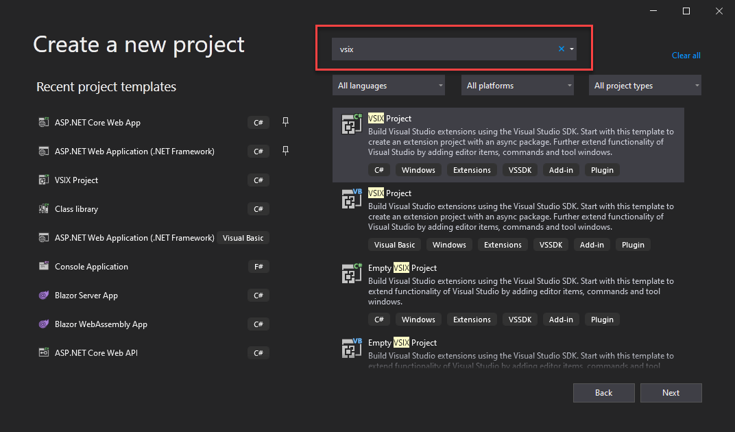 New Project Dialog - Search for vsix