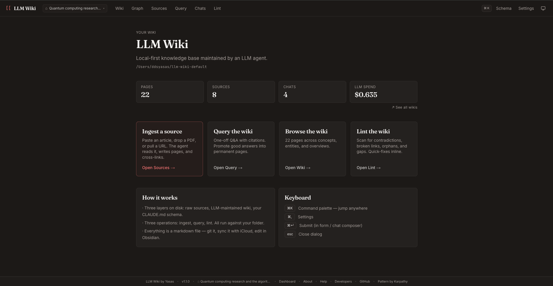 Home page — per-wiki stats, primary action cards, and footer chips for navigation