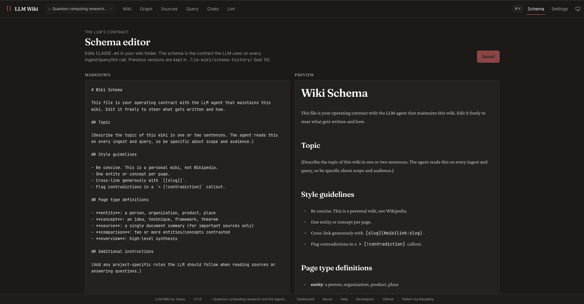 Schema editor — split-pane markdown editor with live preview