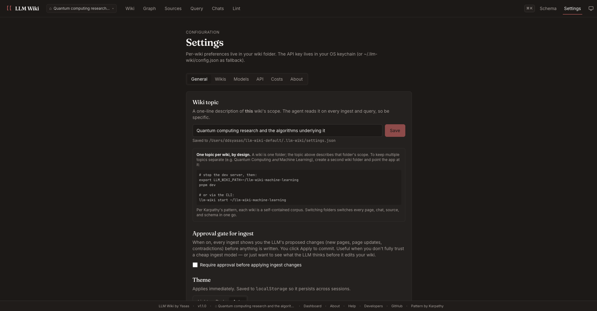 Settings General — topic, approval gate, default folder