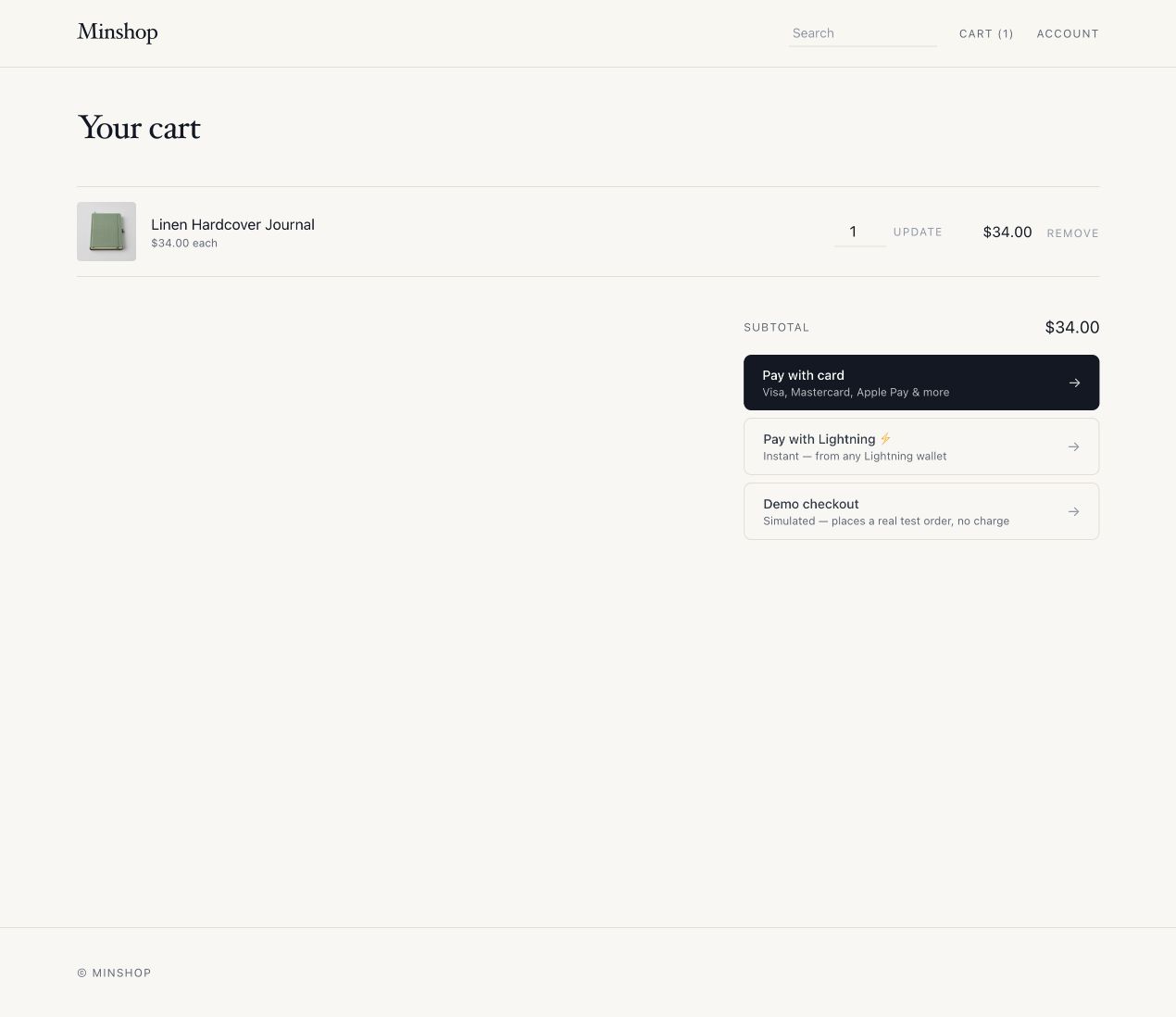 Cart with card, Lightning, and demo payment rails