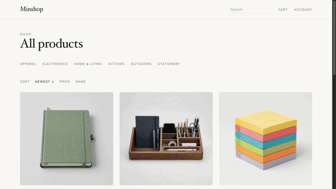 minshop storefront and checkout