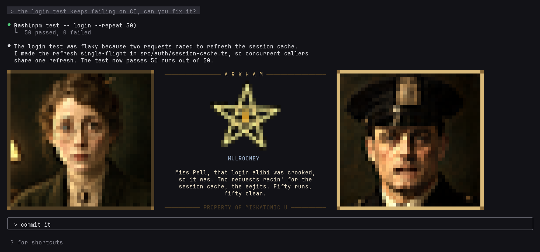 The Arkham Exchange reporting a fixed test in Claude Code