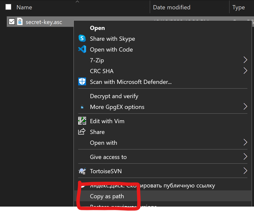 Screenshot of the Copy as path option in the windows explorer on a file