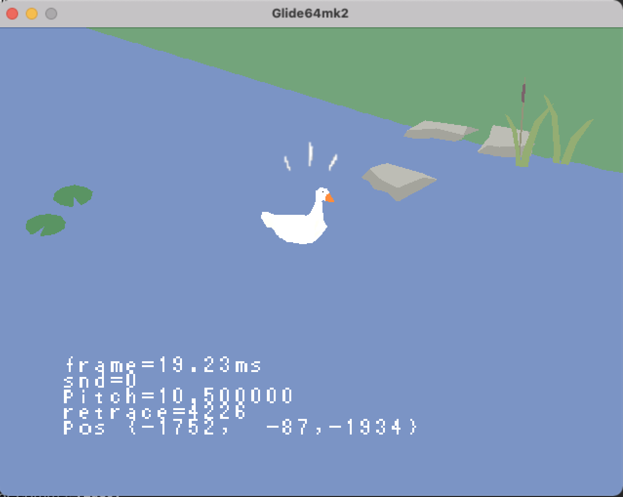 screenshot of the goose in the lake in the game running on the mupen64plus emulator