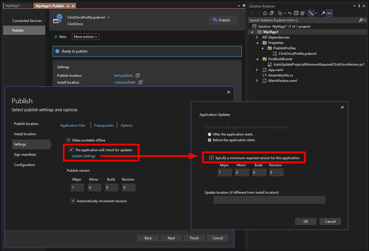 Set .NET Core publish profiles ClickOnce settings