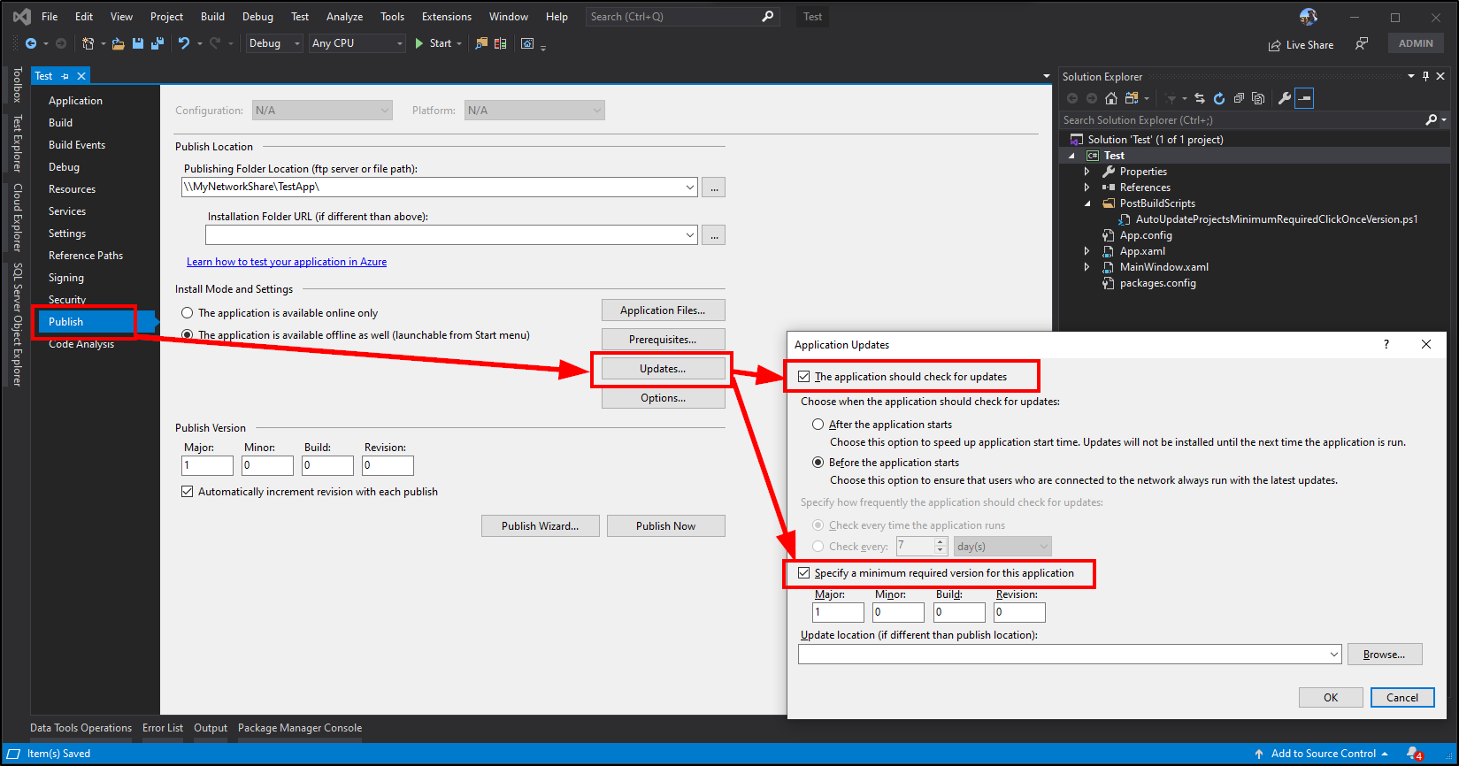 Set projects ClickOnce settings