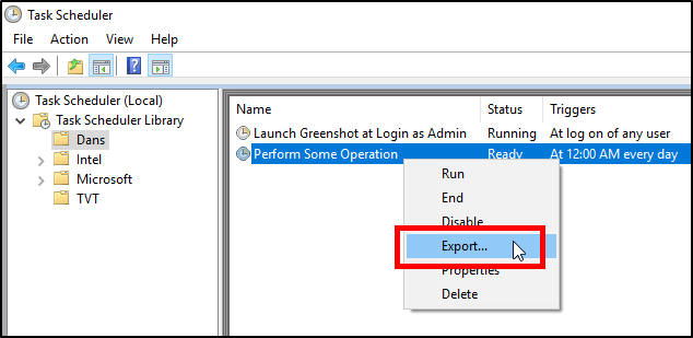 Export Windows Scheduled Task screenshot