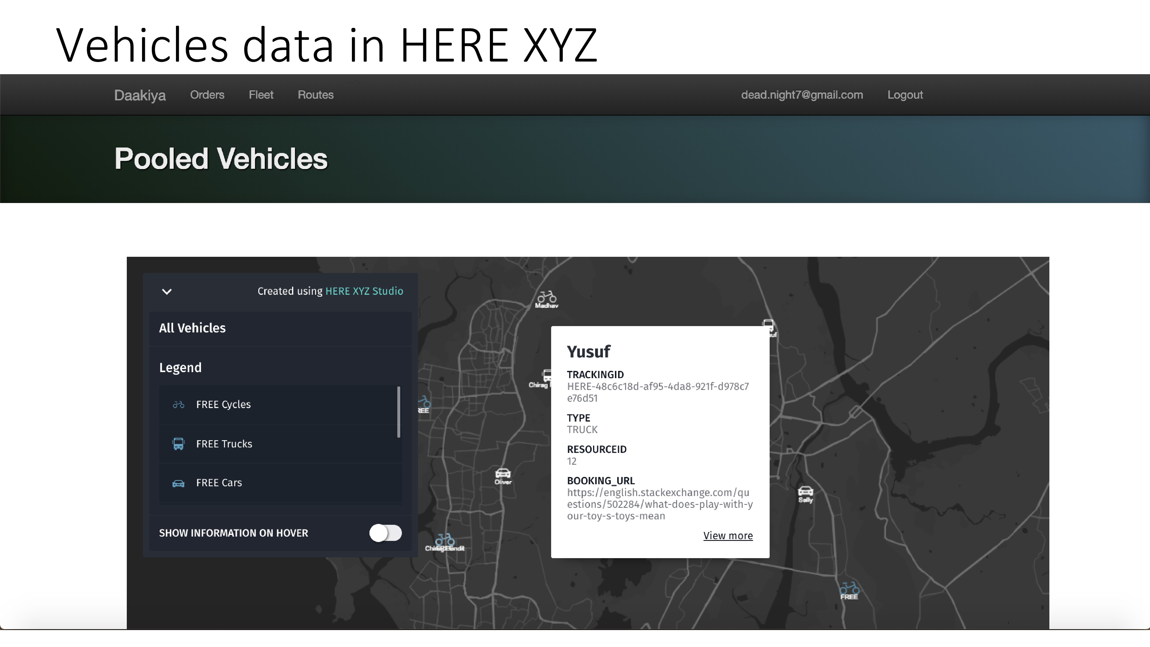 Vehicle Selection in HERE XYZ Spaces