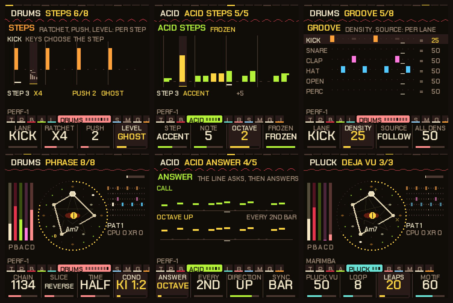 Six screens: the Steps page (a ratchet, push and level for each step), the Acid steps page (the acid line frozen into sixteen editable steps), the Groove page, the Phrase page (pattern chains, slices, half and double time), the Acid answer page and the Deja vu page.
