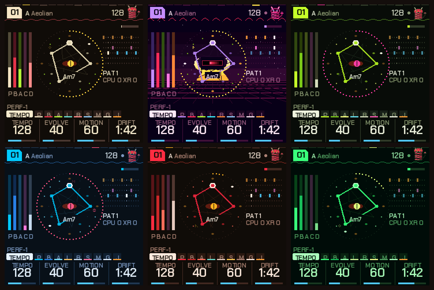 The home screen in the six palettes: Imp, Synth, Acid, Ice, Ember and Phosphor.