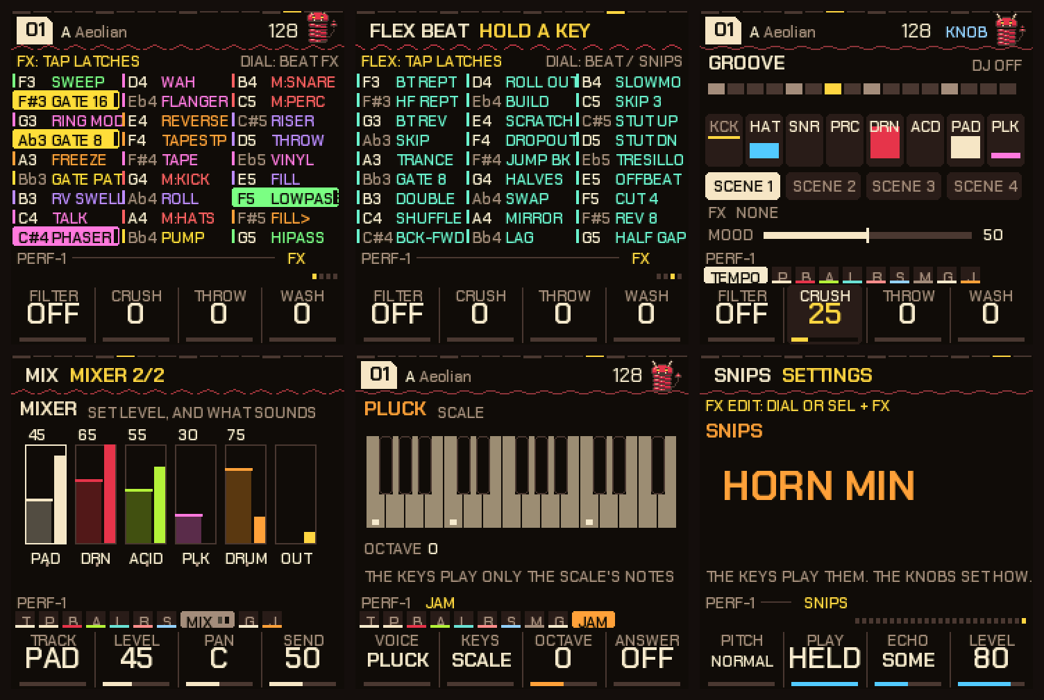 Six screens: the FX menu, the Flex Beat bank, the Perform screen, the Mixer page, the Jam page and the DJ snips page.