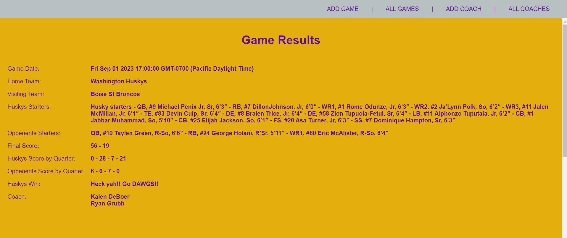 Game Results Page