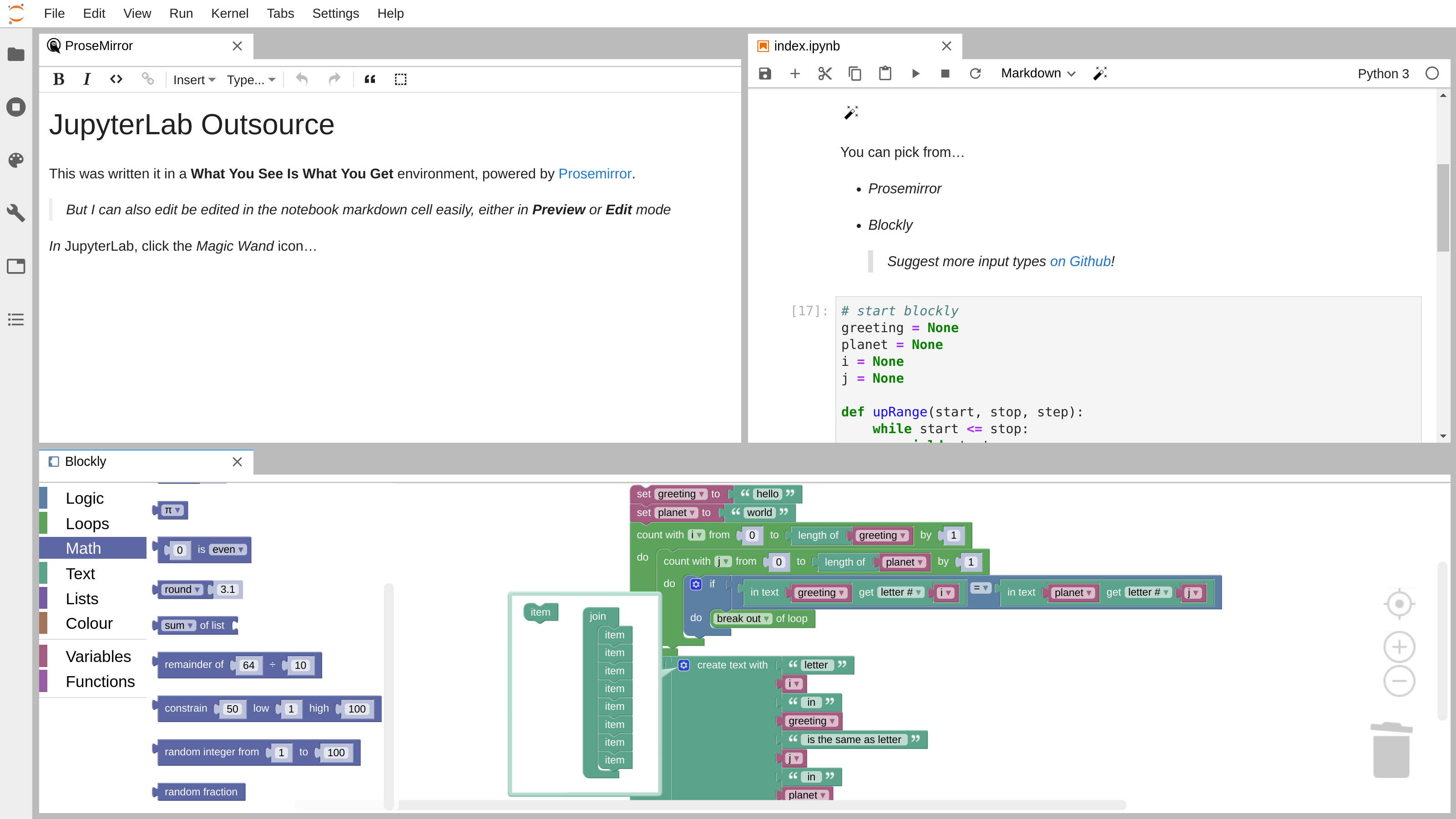 screenshot showing JupyterLab with Rich Text editing and Visual Programming