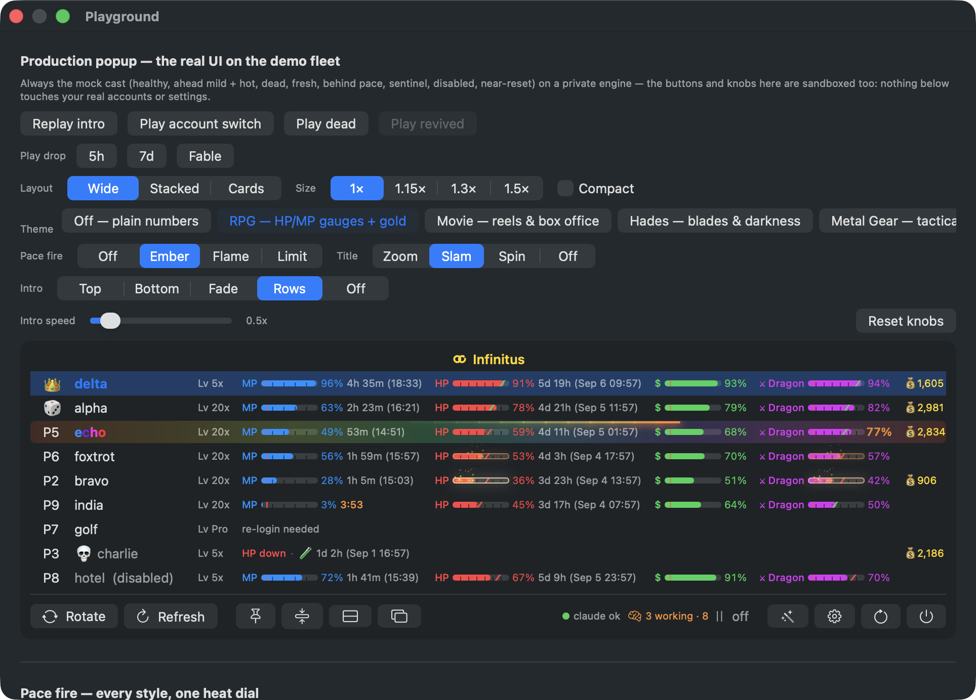 Playground — the production popup on a demo fleet, every animation on demand