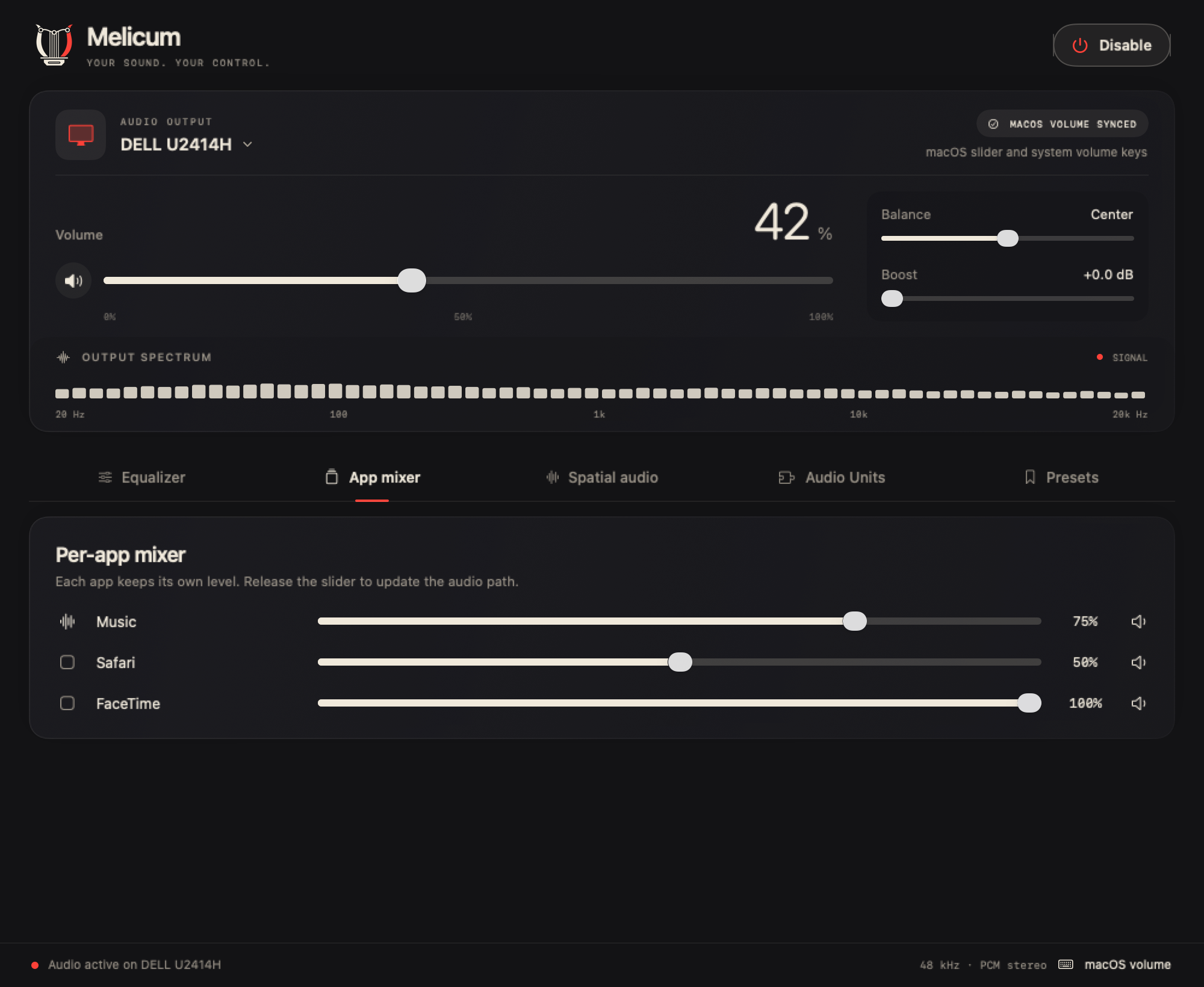 Per-app volume sliders and mute controls