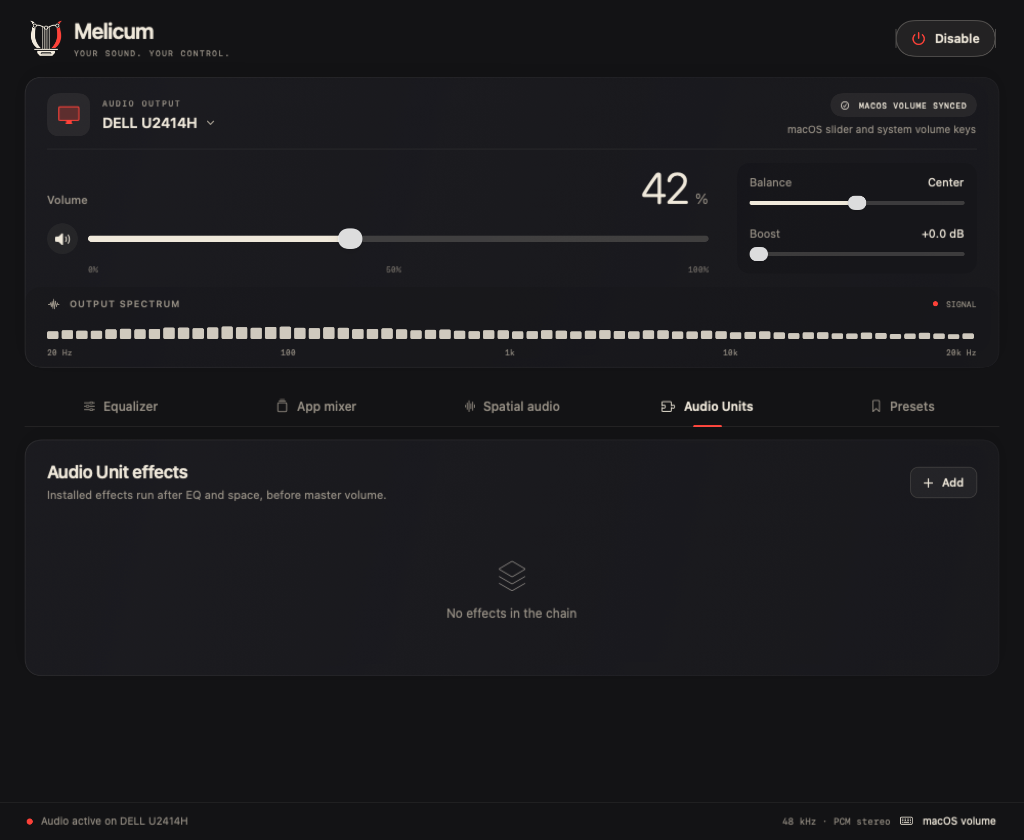 Audio Unit effects panel and Add effect menu