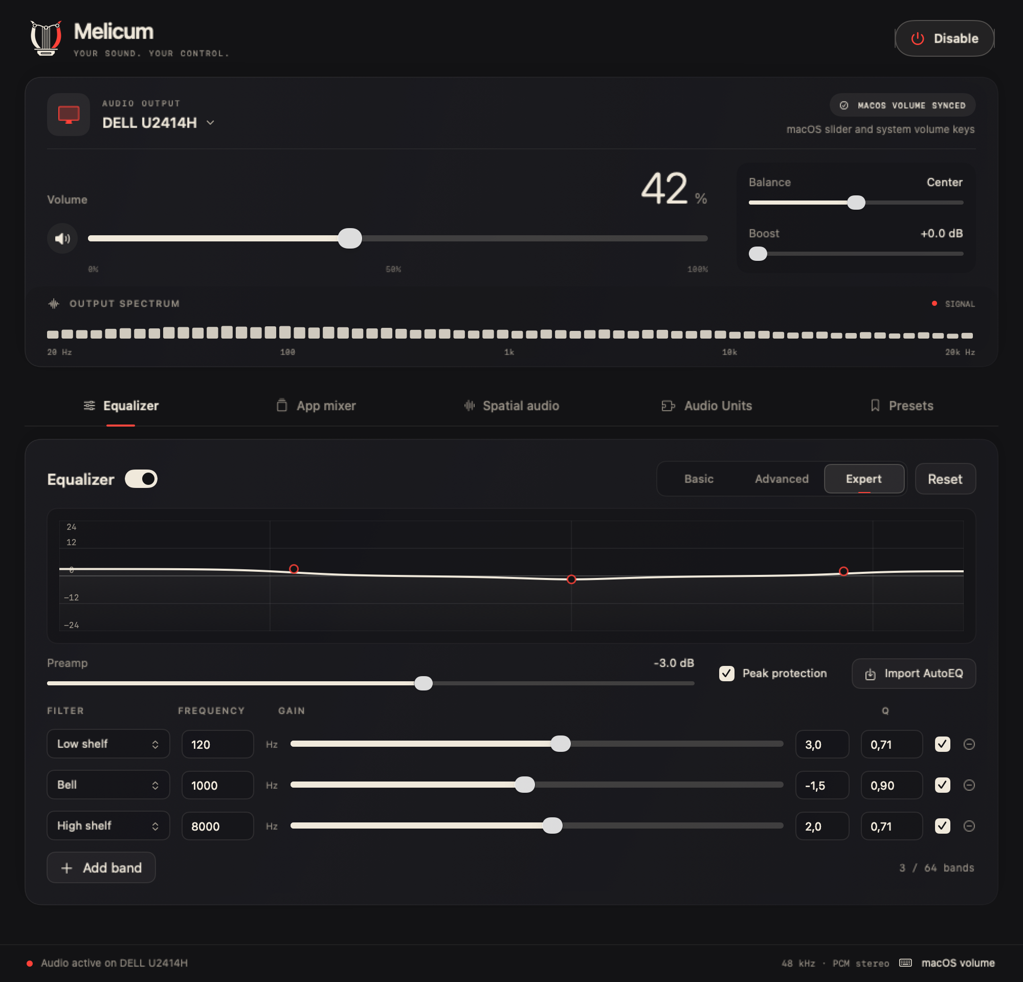 Redesigned Melicum console with output selection, master volume, spectrum and expert EQ