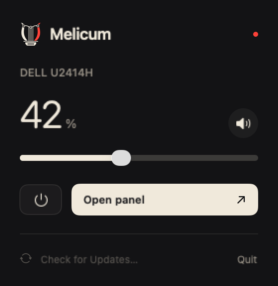 Melicum menu bar panel with volume, mute, power, Open panel and update check