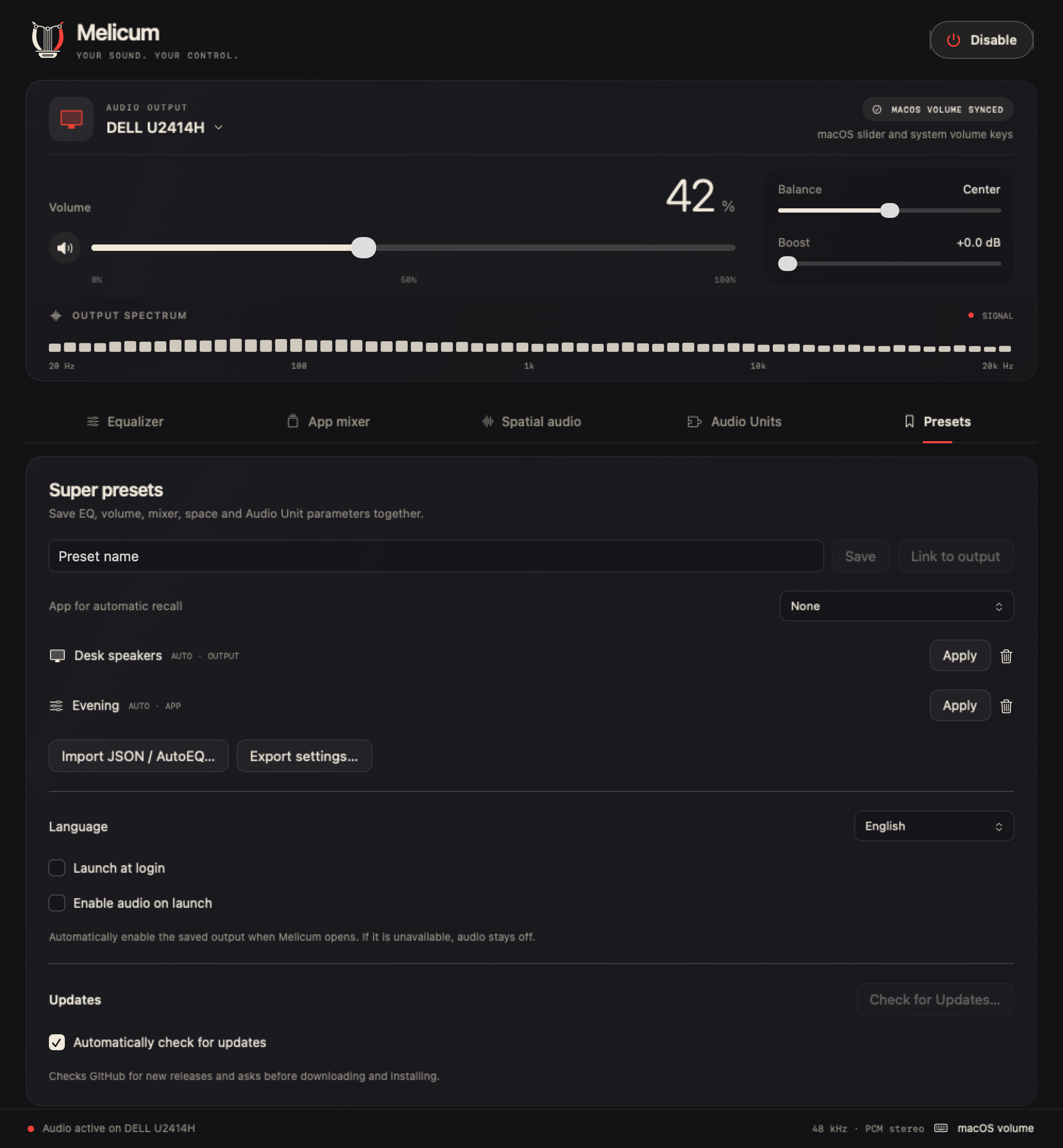 Preset management, language, startup preferences and automatic update checks