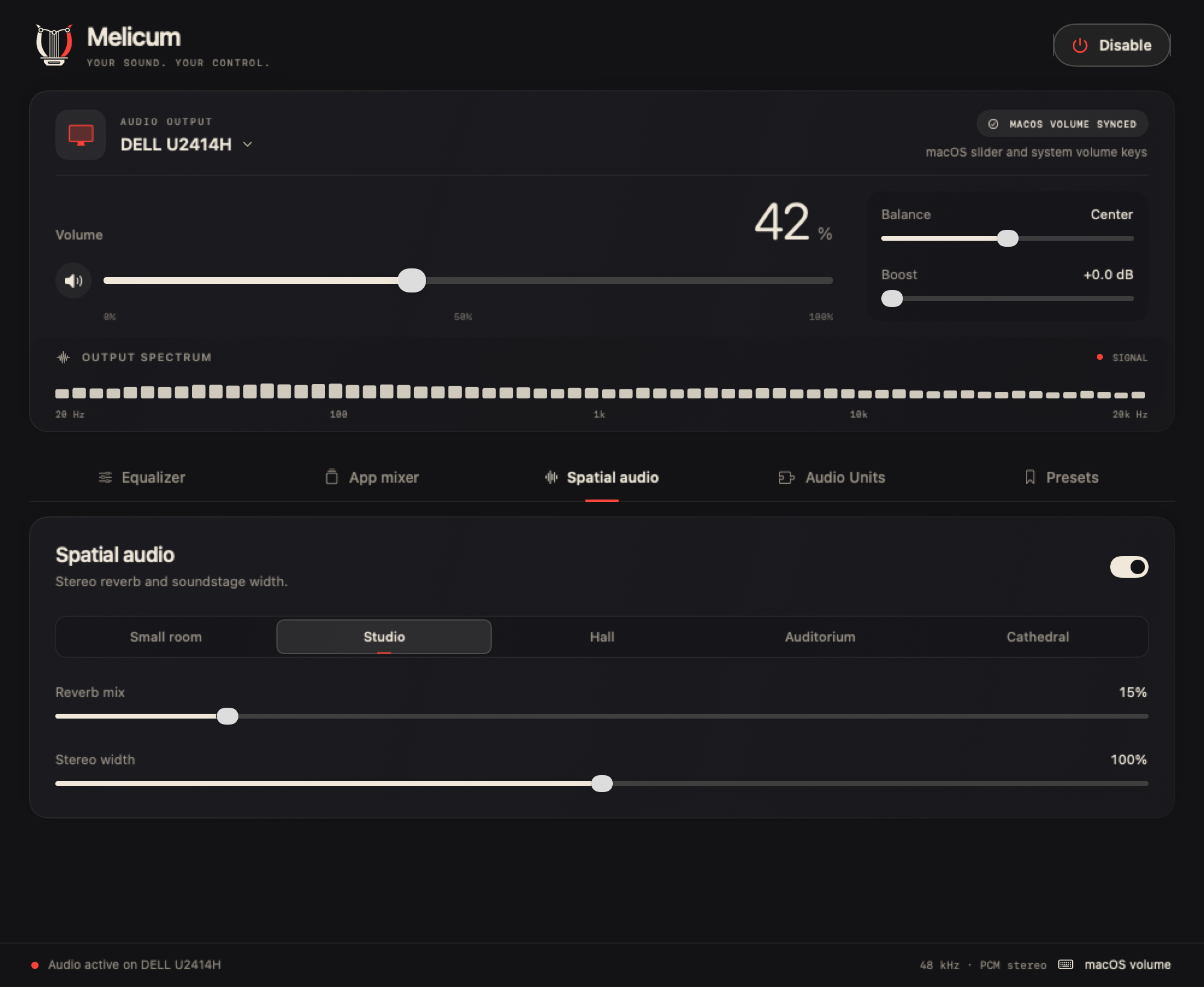 Spatial audio with five room settings, reverb mix and stereo width