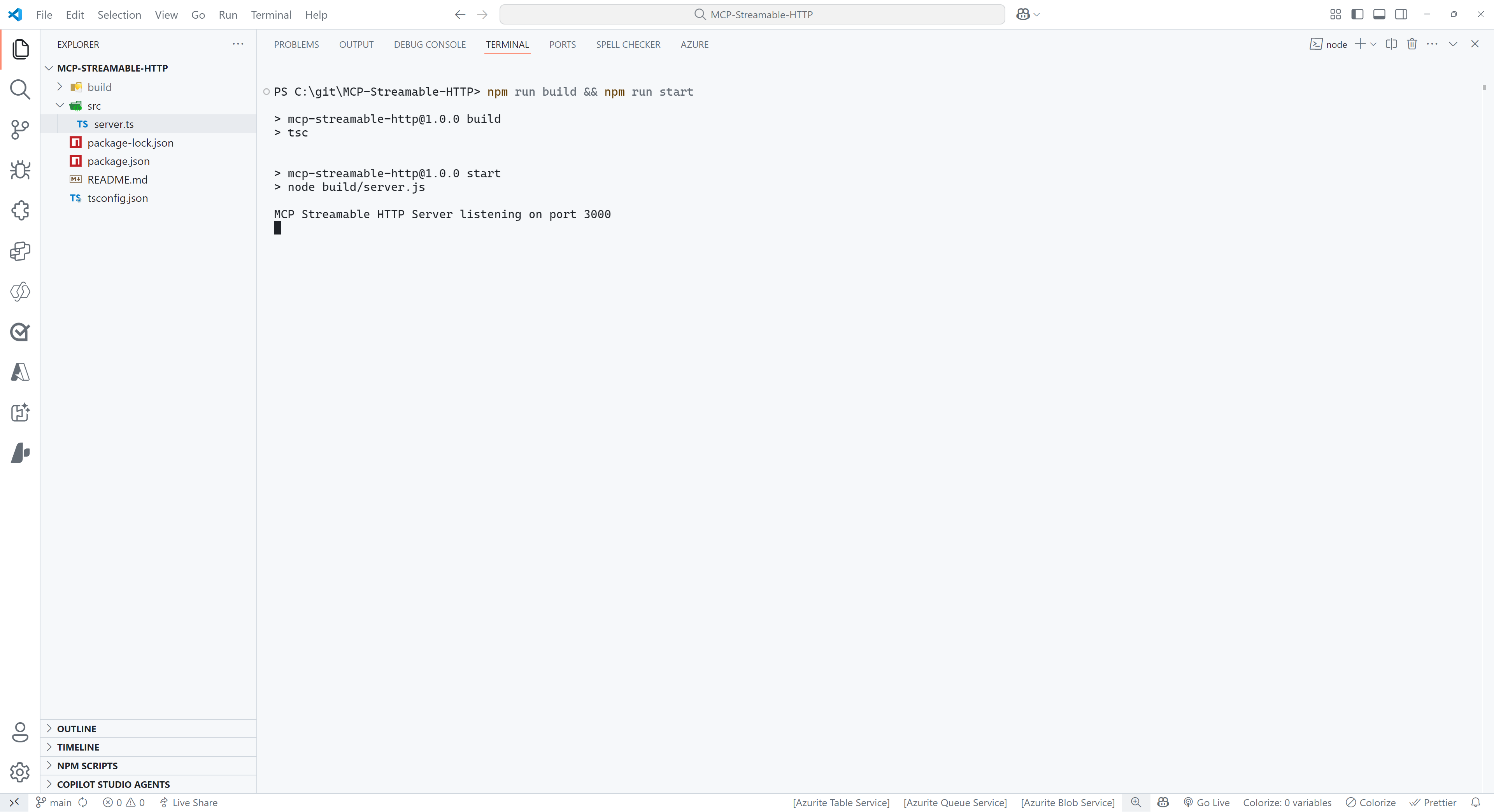 Terminal view after building and starting the server