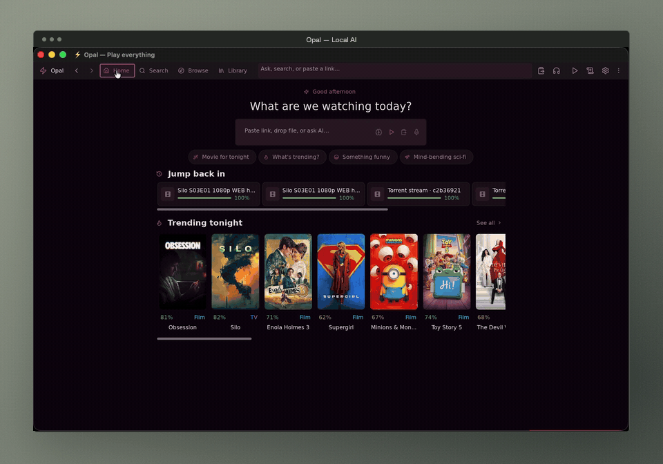 Opal recording: a prompt starts a local AI conversation with playable recommendations.