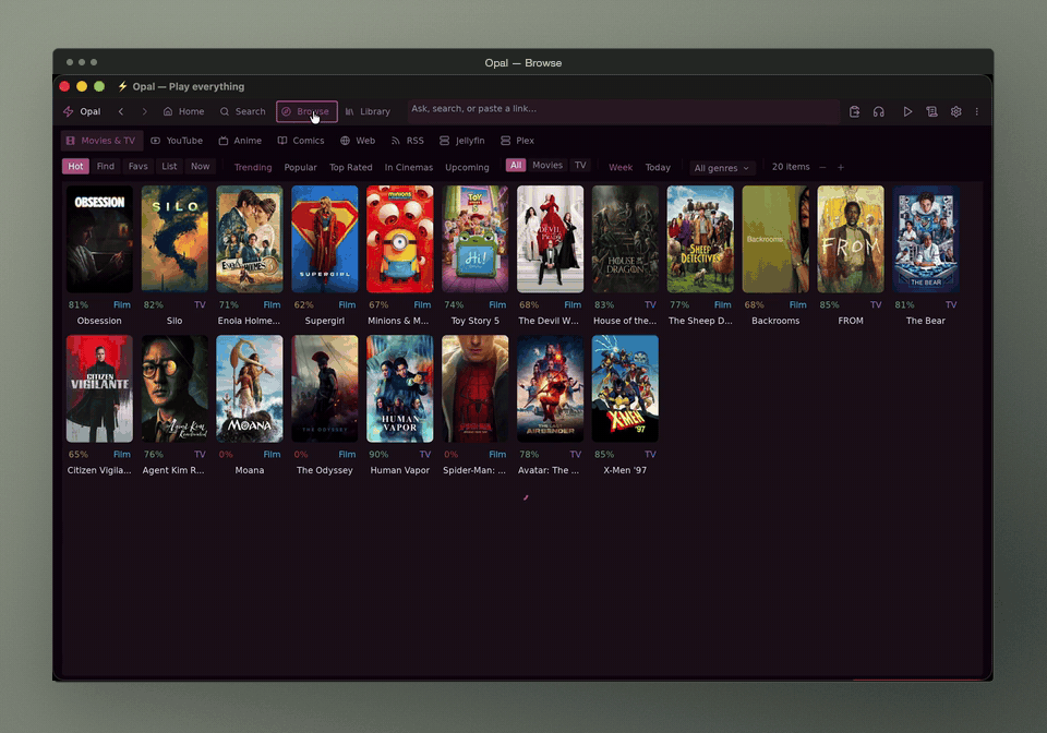 Opal recording: browse the movie poster wall, then switch to YouTube, in a matte mineral frame.