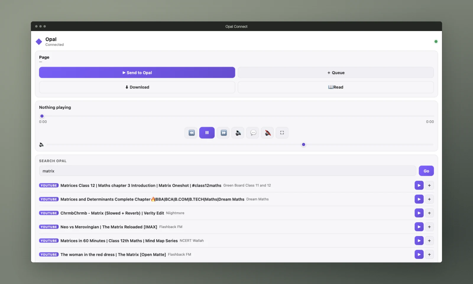 Opal Connect browser side panel with page actions, playback controls, and search.