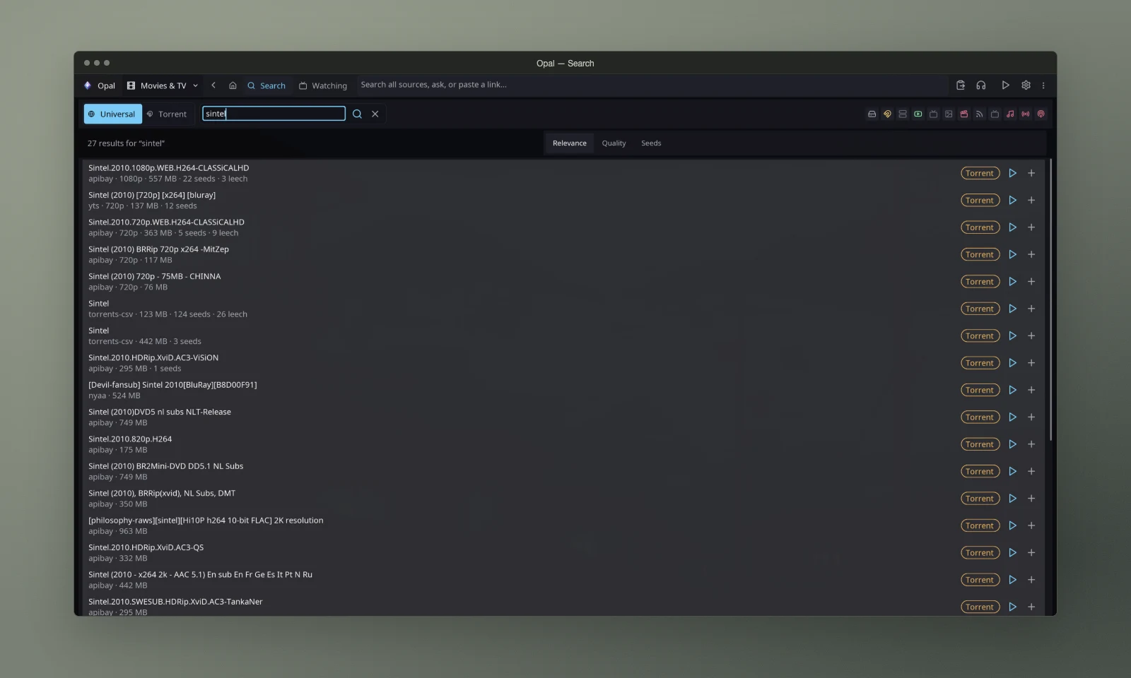 Opal search with Sintel results and play or queue actions.