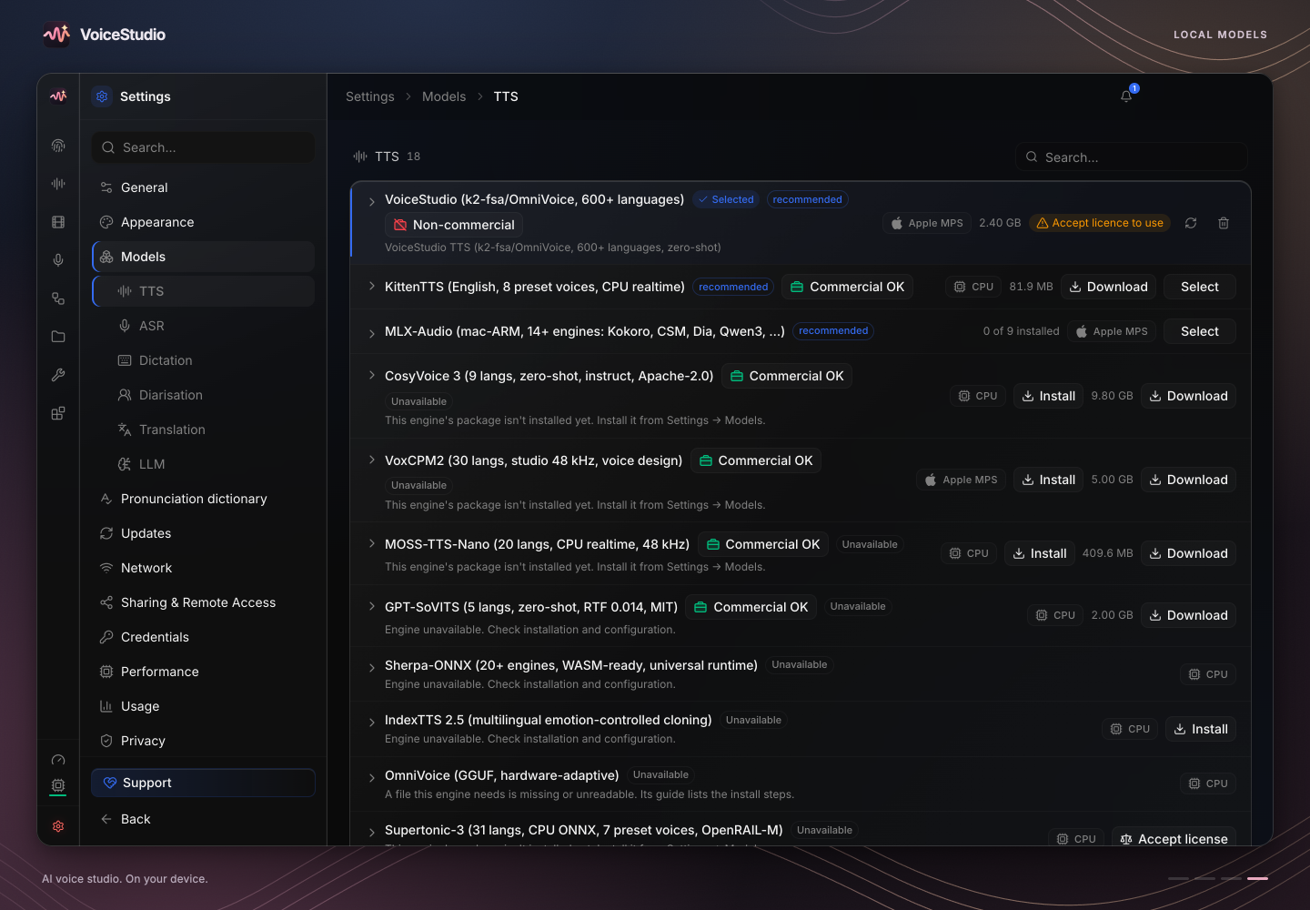 Install and manage local speech models