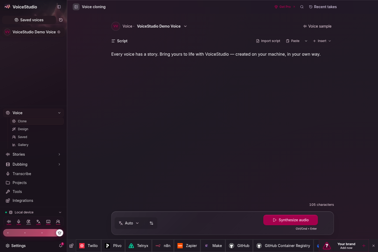 Electron voice cloning workspace with the bundled demo voice