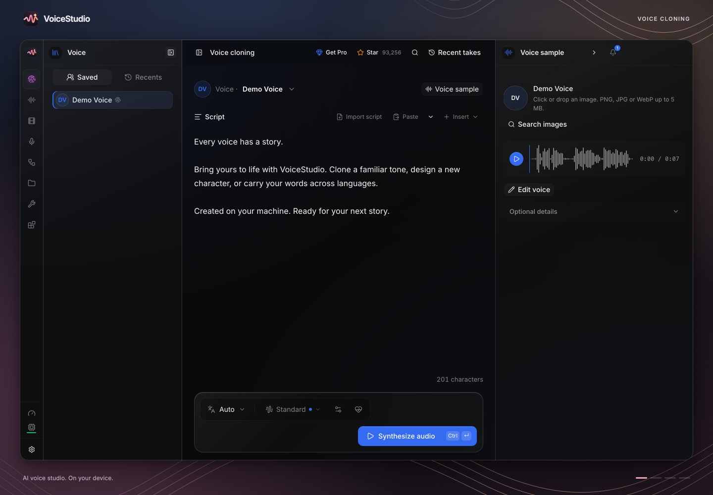 Voice cloning workspace with the bundled demo voice