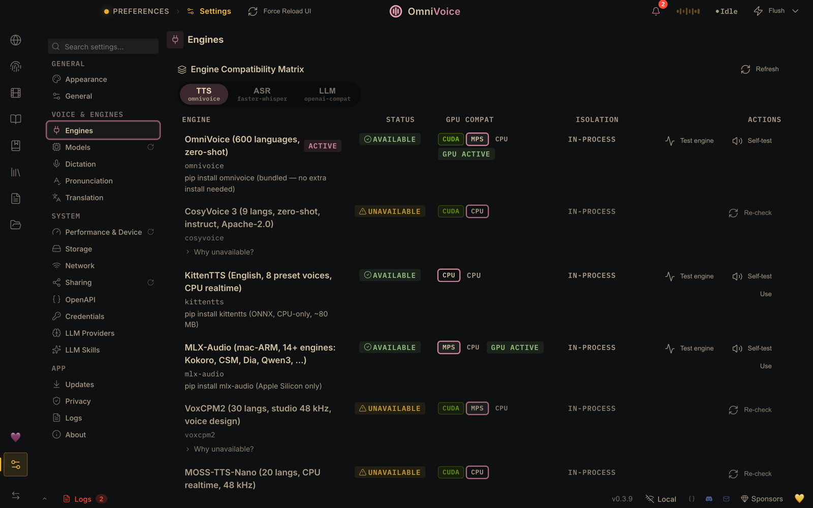 Settings — Engines