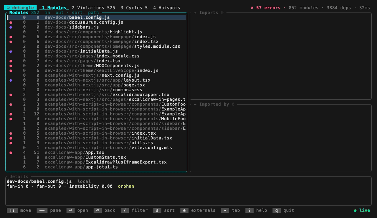 The detangle explorer on Excalidraw: a module's imports and importers, its import cycle, and the violations and hotspots tabs