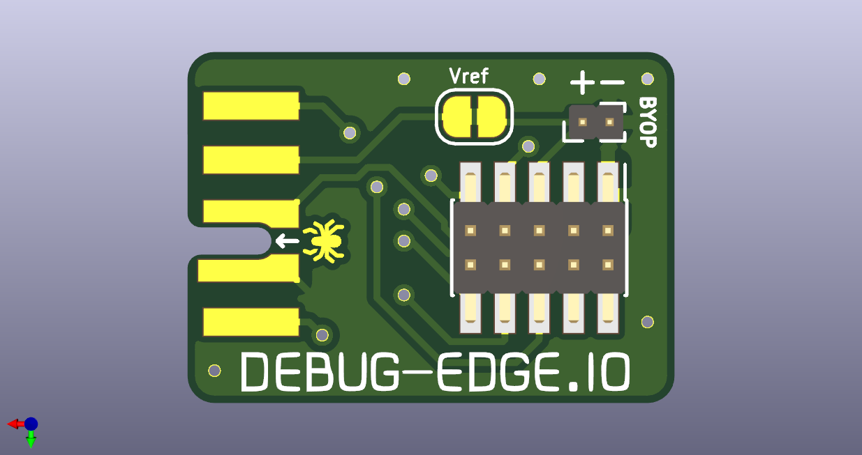 A 3d render of a completed DebugEdge PCB