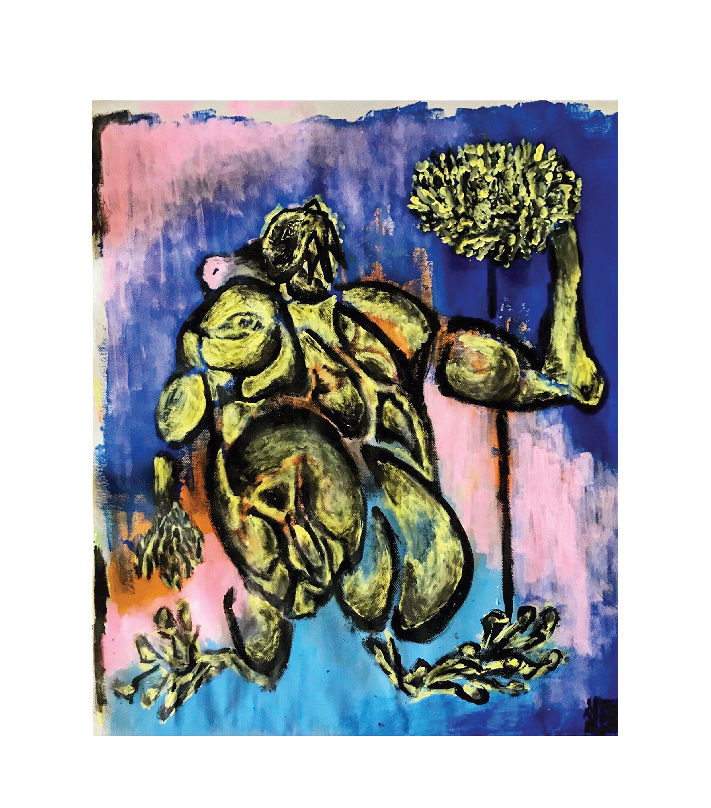 morbid forebodings triggered by childish landscape — acrylic on 73x80 grey carton, 2019, painting by Yiğit Özen