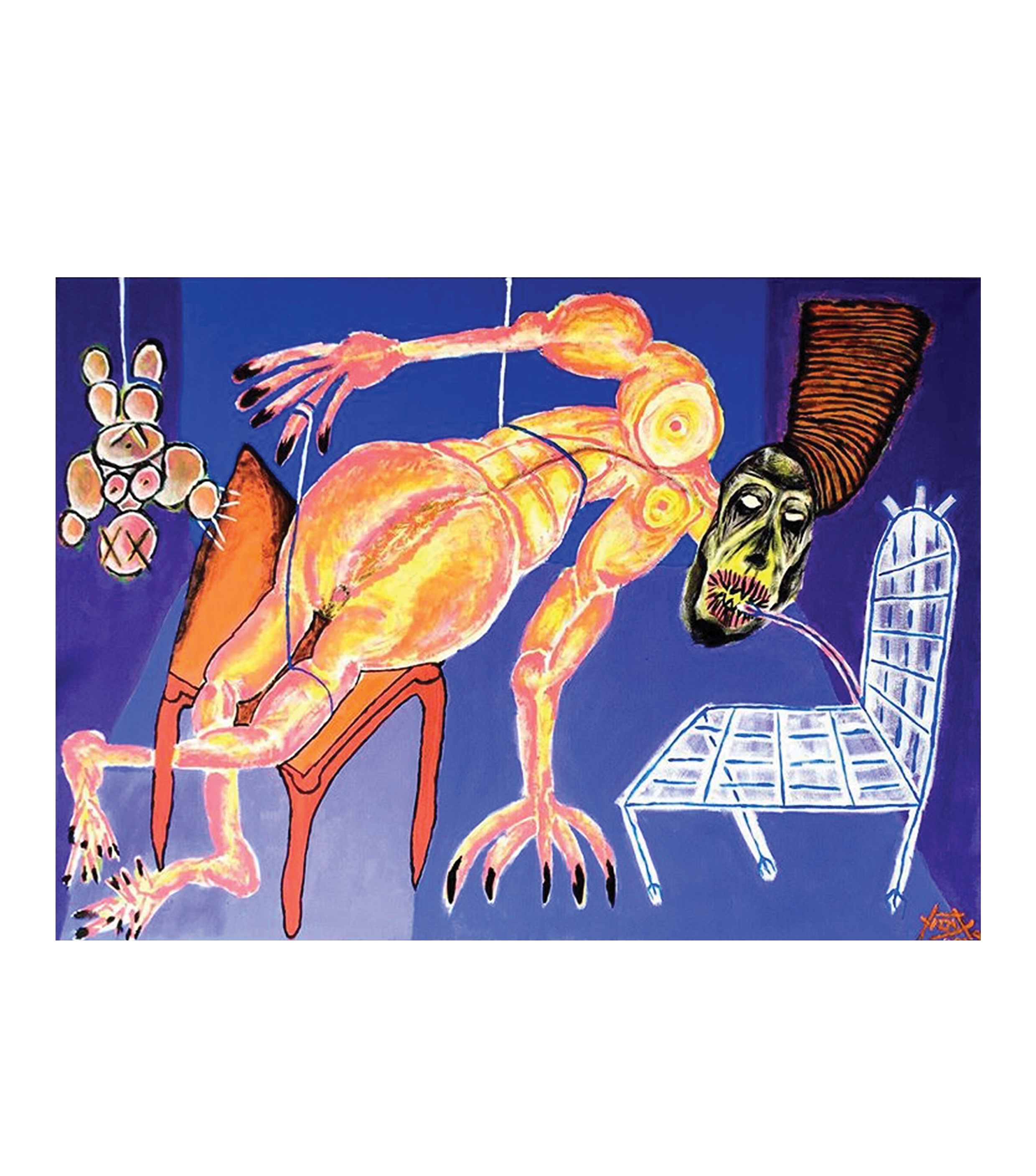 victim psycho-logique II : the peachy pharaoh connects with the chair — acrylic on 65x90 canvas, 2019, painting by Yiğit Özen