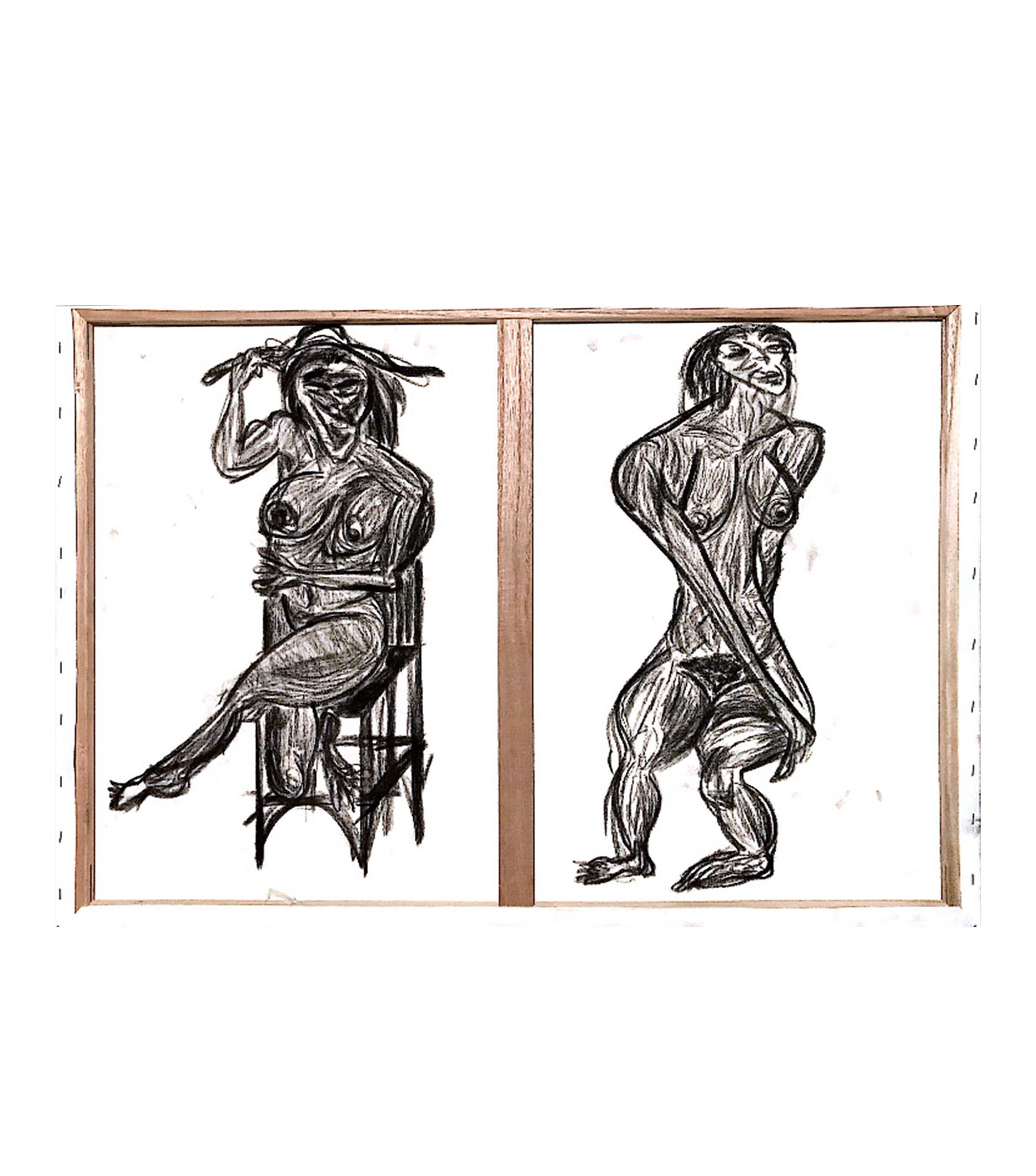 two woman figures sitting at the back of the canvas — charcoal on back of 65x90 canvas, 2019, painting by Yiğit Özen