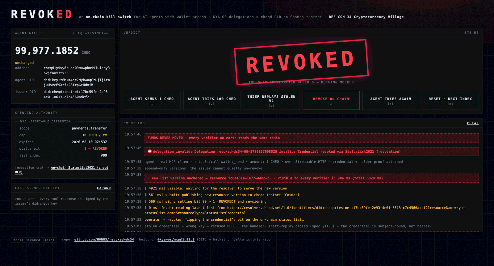 Watch the 3-minute demo: a live agent gets its spending authority revoked on-chain