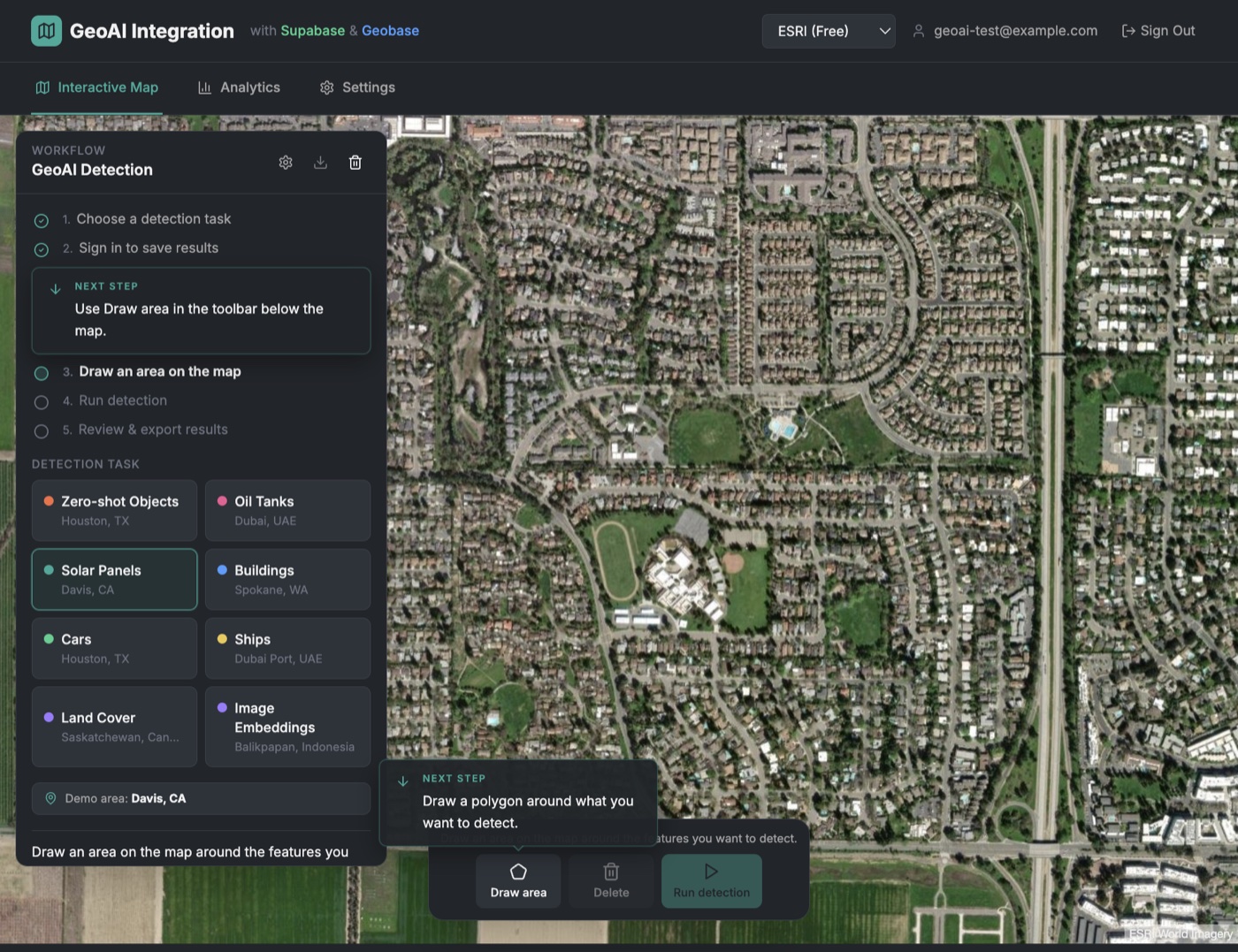 GeoAI.js + Supabase + Geobase — map, detections, and workflow panel