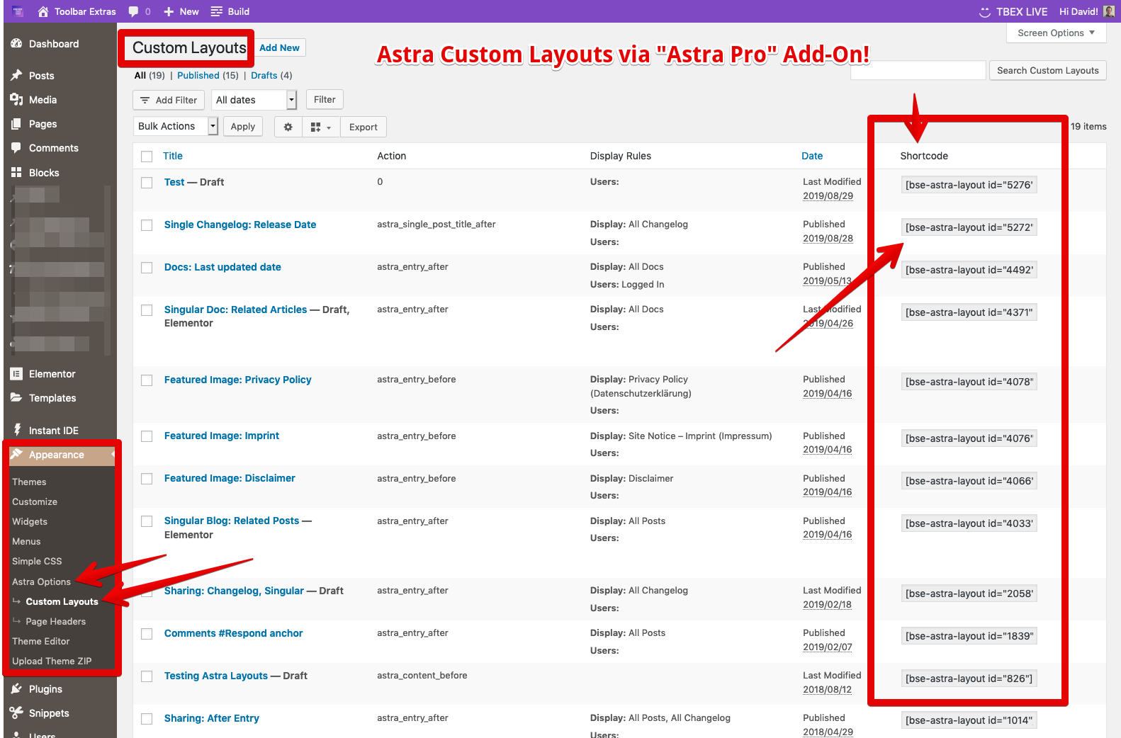 For Astra Pro: Shortcode for each Astra Custom Layout - great for reusage