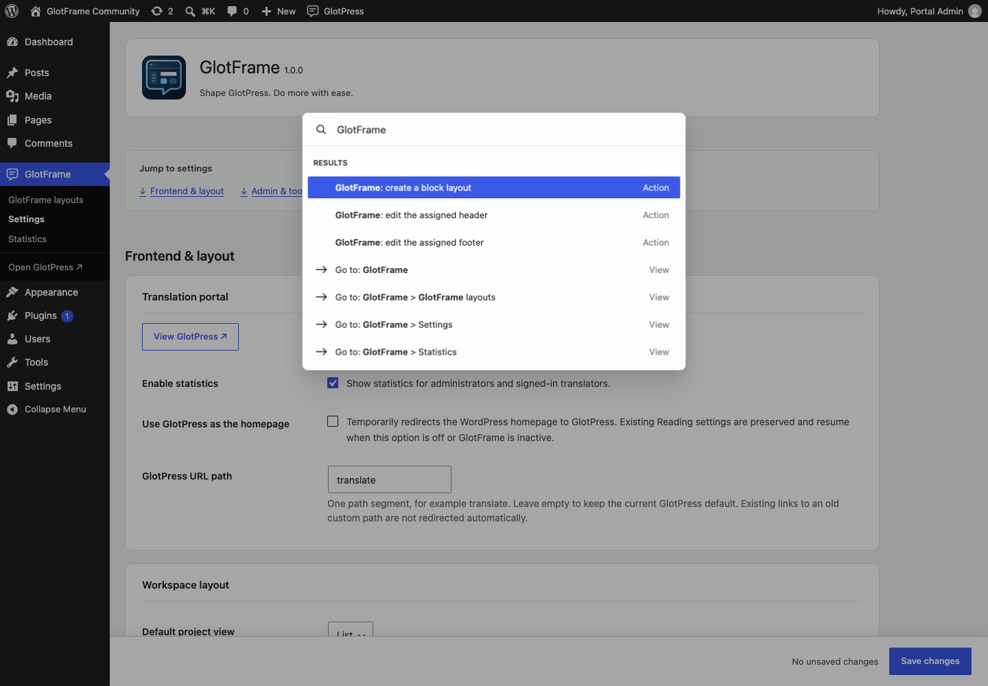 GlotFrame actions in the native WordPress Command Palette