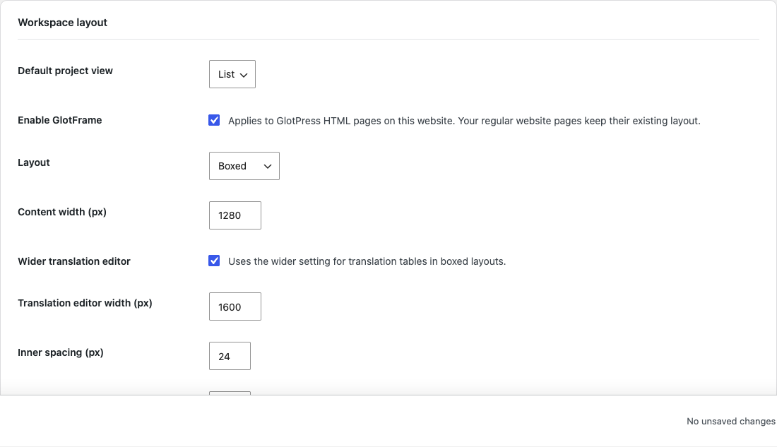 GlotFrame — layout settings (EN)